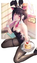 1girls after-school_sweets_club_(blue_archive) bangs bare_back bare_shoulders black_hair black_high_heels black_pantyhose blue_archive blush bunny_ears bunny_girl bunny_tail bunnysuit cake cleavage eating emanon123 female female_only food footwear hair_between_eyes kazusa_(blue_archive) looking_at_viewer medium_breasts medium_hair multicolored_hair pantyhose pink_eyes pink_hair playboy_bunny solo spread_legs thick_thighs thigh_strap thighs trinity_general_school_student uncensored wide_hips