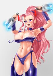 blue_eyes capcom captain_commando carol_(captain_commando) cut_clothes dominatrix female garter_straps hairband huge_ahoge latex long_ponytail nipples pink_hair sunburn surprised torn_clothes wounded