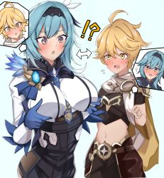 !? 1boy 1girls aether_(genshin_impact) blonde_hair blue_hair blush body_swap breast_grab breasts double_breast_grab embarrassed eula_(genshin_impact) female fondling genshin_impact grabbing_own_breast grey_eyes groping large_breasts looking_down male open_mouth self_fondle shocked short_hair toshimasa yellow_eyes