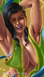 1girls armpits arms_up biceps big_breasts black_hair brazilian brazilian_female breasts brown_eyes busty capcom cleavage crop_top female female_focus female_only hourglass_figure laura_matsuda lipstick long_hair makeup mr-pengui solo solo_female street_fighter sweat tagme toned toned_female underboob wide_hips wink winking