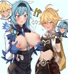 !? 1boy 1girls aether_(genshin_impact) blonde_hair blue_hair blush body_swap breast_grab breasts breasts_out double_breast_grab embarrassed eula_(genshin_impact) female fondling genshin_impact grabbing_own_breast grey_eyes groping large_breasts looking_down male nipples open_mouth self_fondle shocked short_hair smile toshimasa yellow_eyes