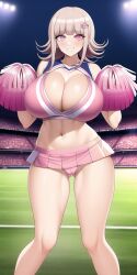 ai_generated bare_legs big_breasts big_tits cheerleader cheerleader_uniform cleavage crop_top danganronpa danganronpa_2:_goodbye_despair huge_breasts large_breasts light_brown_hair looking_at_viewer midriff miniskirt n.c.b_ai nai_diffusion nanami_chiaki panties pink_panties pom_poms skirt smile smirk soccer_field stable_diffusion stadium thick_thighs