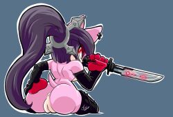 absurd_res anthro anus armwear ass black_hair clothing ear_piercing elbow_gloves eulipotyphlan fan_character female genitals gloves hair hand_on_butt handwear hedgehog hi_res holding_object holding_weapon incognito_fox legwear looking_at_viewer looking_back mammal melee_weapon piercing ponytail purple_body purple_hair pussy red_eyes sega simple_background solo sonic_(series) sonic_the_hedgehog_(series) sword thigh_highs weapon