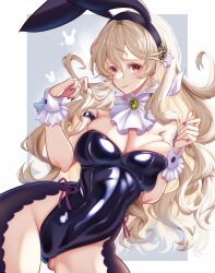 1girls alternate_costume bare_thighs big_breasts bunny_ears bunny_girl bunnysuit corrin_(fire_emblem) corrin_(fire_emblem)_(female) fire_emblem fire_emblem_fates grey_hair inner_thighs karashino long_hair nintendo red_eyes solo thighs wide_hips year_of_the_rabbit