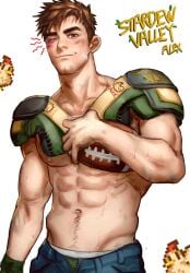 1boy alex_(stardew_valley) football_(ball) football_player football_uniform greentea jock looking_at_viewer male_only muscular muscular_male pubes solo solo_male stardew_valley sweatdrop treasure_trail winking_at_viewer