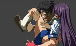 1girls anime_style big_breasts blue_eyes breasts color colored crossover dark-skinned_female dark_skin dragon_ball dragon_ball_z female huge_breasts ikkitousen kan'u_unchou kanu_unchou kneehighs lance large_breasts leg_grab leg_lift leg_lifted leg_up licking licking_leg loose_socks miniskirt oc oldhorrorz purple_hair ready_for_battle ready_for_sex ready_to_fight saiyan saiyan_armor saiyan_tail school_uniform schoolgirl skirt socks weapon white_socks