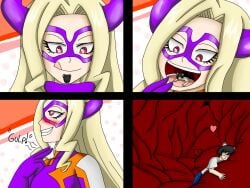 1boy 1boy1girl 1girls 2_fingers anime blush closed_eyes closed_mouth comic costume eye_mask eyelashes f/m female_pred giantess gift heart-shaped_pupils heart-shaped_tail heart_bubbles horns hybrid internal_view laying_down long_hair male_prey micro_male mount_lady my_hero_academia non-fatal ocgtshero oghaliengts open_mouth oral_vore red_eyes safe_vore sharp_teeth short_hair stomach super_suit superheroine throat_bulge tongue tongue_out vore willing_prey willing_vore yuu_takeyama