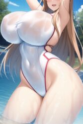 1girls ai_generated breasts competition_swimsuit eyes_out_of_frame female highleg_swimsuit huge_breasts long_hair massive_breasts nai_diffusion one-piece_swimsuit orange_hair stable_diffusion swimsuit sword_art_online thick_thighs thighs voluptuous white_swimsuit wide_hips yuuki_asuna