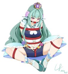 1girls arms_behind_back arms_tied arms_tied_behind_back ball_gag belly_button blush bondage crown finana_ryugu fish_girl gag gagged green_hair head_fins legs_tied mouth_gag navel nijisanji nijisanji_en purple_eyes solo solo_female solo_focus tied_legs tied_up virtual_youtuber white_background