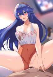 1boy 2girls alternate_costume bare_thighs blue_eyes blue_hair breasts censored covered_nipples cowgirl_position cum_in_pussy cum_inside female female_focus fire_emblem fire_emblem_awakening hooters long_hair lucina_(fire_emblem) male medium_breasts multiple_girls nintendo open_mouth pussy sex shorts shorts_aside smile solo_focus spread_legs sweat tank_top thick_thighs thighs tiara ukimukai upshorts vaginal_penetration very_long_hair waitress