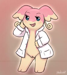 audino blush bottomless clothed clothing coat coat_only dress_shirt eyelashes female feral generation_5_pokemon genitals heshieokf hi_res nintendo open_clothing open_shirt open_topwear pok&eacute;mon_(species) pokemon pokemon_(species) pussy shirt solo topwear topwear_only