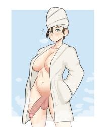 1futa 2023 ? after_shower ater18 balls big_breasts big_penis blue_eyes bottomless breasts brown_hair casual casual_erection clothed clothing dressing_gown erection futa_only futanari headwear huge_breasts huge_cock human humanoid_penis light-skinned_futanari light_skin mostly_nude outerwear penis pubic_stubble robe solo standing unaware uncut