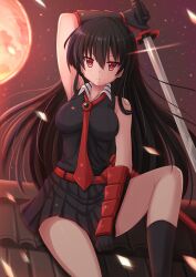 10s 1girls akame_(akame_ga_kill!) akame_ga_kill! arm_above_head belt big_breasts black_gauntlets black_gloves black_hair black_hair_female black_kneehighs black_skirt black_socks blank_expression blank_stare blush blush_lines blushing_at_viewer breasts casual clothed_female clothing collar emotionless emotionless_female eyebrows eyebrows_visible_through_hair fair-skinned_female fair_skin female female_focus female_only fit fit_female full_moon gauntlets gloves high_resolution highres holding holding_katana holding_object holding_sword holding_weapon katana kazenokaze knee_high_socks kneehighs light-skinned_female light_skin long_hair long_hair_female looking_at_viewer moon necktie neckwear neutral_expression night night_sky one_arm_up outdoors pale-skinned_female pale_skin red_belt red_eyes red_eyes_female red_gauntlets red_gloves red_necktie red_neckwear rooftop serious serious_face serious_look sitting skirt sky socks solo solo_female staring staring_at_viewer stars stern stern_expression stern_face stern_look sword thighs tie vambraces weapon white_collar white_neckwear