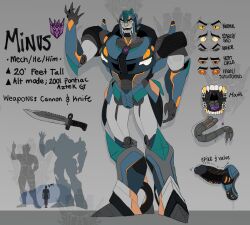 character_sheet claws fangs glowing_genitalia glowing_penis grey_background knife massive_penis nose_ring open_mouth orange_eyes original_character penis pontiac pussy_juice sinminus tongue transformers