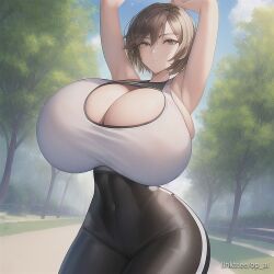 ai_generated brown_hair huge_breasts hyper_breasts op_ai outdoors short_hair tagme