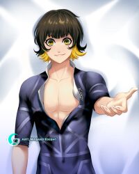 1boy bachira_meguru black_hair blonde_hair blue_lock bodypillow dakimakura looking_at_viewer male male_only mitgard-knight multicolored_hair smile yellow_eyes