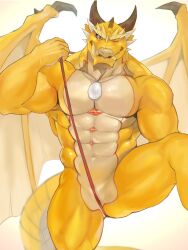 2022 abs animal_genitalia anthro bara black_horn dragon front_view genital_slit genitals hi_res horn male muscular muscular_anthro muscular_male navel one_eye_closed ophion pecs salz_sop scales scalie slit tokyo_afterschool_summoners wings wink yellow_body yellow_scales yellow_wings