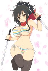 1girls ass_visible_through_thighs asuka_(senran_kagura) bikini black_hair female flower_petals front-tie_bikini front_view hair_ornament holding_weapon ichiryuu_tsumiki large_breasts light-skinned_female light_skin looking_at_viewer medium_hair midriff navel one_leg_up open_mouth ponytail ribbon scarf senran_kagura sidelocks simple_background smile solo thighs wakizashi weapon yellow_eyes