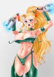 blonde_hair blue_eyes brenda_(captain_commando) capcom captain_commando cut_clothes dominatrix female garter_straps hairband huge_ahoge latex long_ponytail nipples sunburn surprised torn_clothes wounded