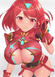 1girls bangs blush breasts cleavage core_crystal earrings female huge_breasts leaning_forward licking_lips light-skinned_female light_skin massive_breasts naughty_face nintendo pyra red_eyes red_hair shiratamaaji short_hair simple_background suggestive_look swept_bangs thick_thighs thighs white_background xenoblade_(series) xenoblade_chronicles_2