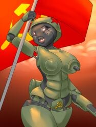 anthro armor big_breasts blackbetty breasts female flag glowing glowing_eyes hammer_and_sickle living_machine living_tank living_vehicle machine nipples not_furry nude original_character ranged_weapon solo soviet tank thick_thighs vehicle weapon