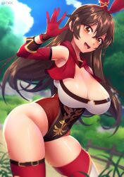 1girls amber_(genshin_impact) armpits big_breasts boots breasts brown_hair female female_only genshin_impact gloves hair_ribbon happy leotard light-skinned_female light_skin long_hair ohdax orange_eyes shiny_skin solo standing thick_thighs thighs