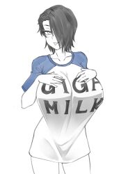 big_breasts black_hair giga_milk hair_over_one_eye hands_on_breasts huge_breasts mega_milk original_character saya_(twrlare) tongue_out twrlare