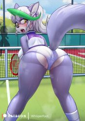 1girls anthro ass bodily_fluids butt_focus clothed clothing eyebrows eyelashes female female_only five_nights_at_freddy's five_nights_at_freddy's:_security_breach furry grey_fur hair legwear looking_back mammal open_mouth outside ponytail roxanne_wolf_(fnaf) shorts spiked_collar spikes sweat tennis_court tennis_racket whisperfoot