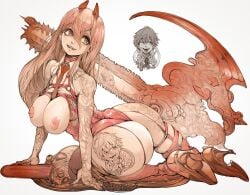 2d ass big_breasts chainsaw_man denji_(chainsaw_man) horns lingerie long_hair monster_girl nipples parkjinsuky power_(chainsaw_man) seductive_smile sharp_teeth smile