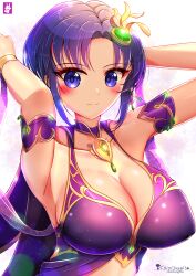 1girls alternate_costume armpits arms_behind_head artist_name bangs bare_shoulders blue_hair blush breasts chinchongcha cleavage earrings female female_only fire_emblem fire_emblem:_the_blazing_blade fire_emblem_heroes hair_ornament highres jewelry large_breasts looking_at_viewer nintendo official_alternate_costume short_hair sleeveless smile solo ursula_(fire_emblem) ursula_(khadein)_(fire_emblem)