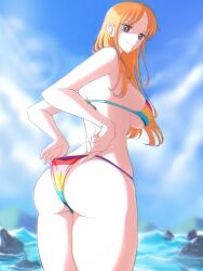 bikini brown_eyes female female_only long_hair nami nami_(one_piece) one_piece one_piece_film_z opalisart orange_hair post-timeskip rainbow_bikini thick_thighs