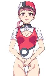 1girls baseball_cap breasts cropped_jacket hai_(h81908190) hat highleg highleg_leotard large_breasts leotard multicolored_hat multicolored_leotard nintendo nurse_joy nurse_joy_(paldea) pink_eyes pink_hair pokeball_print pokemon pokemon_sv ponytail white_jacket