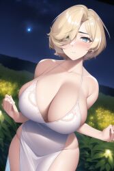 ai_generated blonde_hair blue_eyes breasts city_lights female fireworks garden halter_dress large_breasts looking_at_viewer moon outdoors revealing_clothes short_hair stable_diffusion