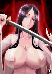 1girls big_breasts black_hair bleach blue_eyes blush breasts busty chest_scar cleavage female female_only hair_down holding_object holding_weapon katana kimono long_hair looking_at_viewer loose_hair mature mature_female milf open_clothes open_kimono robe see-through see-through_clothing solo solo_focus sword teng_zhai_zi unohana_retsu unsheathing upper_body weapon wet wet_clothes