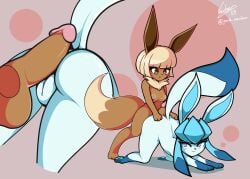 anthro areola ass balls blue_body blue_eyes breasts brown_body brown_eyes duo eevee eeveelution female generation_1_pokemon generation_4_pokemon genitals glaceon gynomorph hi_res intersex nachan nintendo nipples penis pokémon_(species) pokemon pokemon_(species) pokemorph pussy