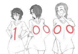 3girls ayako_(twrlare) big_breasts black_hair female female_only hair_over_one_eye huge_breasts mari_(twrlare) milestone_celebration mother_and_daughter saya_(twrlare) shirt_only twrlare