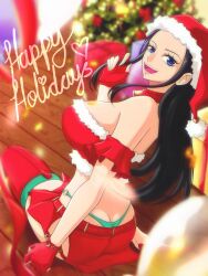 black_hair christmas female female_only happy_holidays nico_robin one_piece opalisart post-timeskip santa_hat skirt