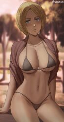 1girls attack_on_titan big_breasts bikini blonde_female blonde_hair blue_eyes_female blush breasts dina_fritz eye_contact farm female light-skinned_female light_skin looking_at_viewer mature_female milf oroborusart pale-skinned_female pale_skin savagexthicc seductive shingeki_no_kyojin short_hair sitting small_bikini solo thick_thighs voluptuous_female white_skinned_female