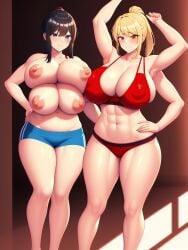 2girls 4_arms 4_breasts abs ai_generated arms_up big_breasts black_hair blonde_hair blue_eyes bra breasts breasts_out comparing curvy female gym_shorts hand_on_hip huge_breasts klia_(tetra_ai) multi_arm multi_breast multi_limb muscular_female nai_diffusion ponytail red_bra red_eyes shorts smile stable_diffusion tetra_(oc) tetra_ai thick_thighs toned_female topless voluptuous wide_hips workout_clothes