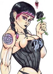 big_breasts bikini_bottom black_hair black_heart_tattoo black_lipstick black_rose corset ear_piercing eyebrow_piercing goth_girl looking_at_viewer muscular_female necklace nose_piercing piercing pigtails pink_eyes pink_highlights sideboob solo tattoo veiny_arms