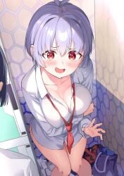 big_breasts bottomless cleavage irina_ilukhina ishizaka_ryuudai large_breasts partially_clothed red_eyes renai_flops thick_thighs white_hair