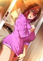 1boy 1girls akane_nanao akane_wa_tsumare_somerareru blue_eyes buruma cheating cheating_girlfriend female hair_between_eyes hair_ornament imminent_sex male medium_hair netorare open_mouth panties pink_sweater pussy_juice pussy_juice_trail red_hair red_panties standing sweat sweatdrop sweater takeda_hiromitsu teacher teacher_and_student underwear worried