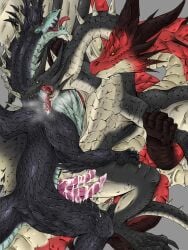 2_penises abyss_kiryu alatreon animal_genitalia animal_penis black_body bodily_fluids capcom cum cum_on_penis diphallia diphallism dragon elder_dragon fatalis genital_fluids genitals group group_sex hemipenes hi_res male male/male monster_hunter multi_genitalia multi_penis penis safi'jiiva sex trio wings yellow_eyes