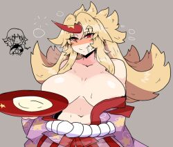 1girls big_breasts blonde_hair convenient_censoring covered_nipples drooling female horn hoshiguma_yuugi kimono light-skinned_female naughty_face nipple_slip notnoe_(dxcl) oni smile touhou