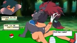 1boy 1boy1girl 1girls anthro anthro_on_human ash_ketchum ass assjob black_fur black_hair blue_eyes bottomless_male buttjob cum_in_hair cumshot fox fox_girl hand_on_head head_between_breasts huge_breasts huge_cock hugging human_on_anthro human_on_pokemon male_human/female_anthro pokemon pokemon_(species) pokephilia red_hair satoshi_(pokemon) xml_xrossover(artist) zoroark