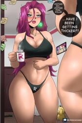 alternate_hairstyle ass_expansion bed_hair black_bra black_clothing black_panties black_thong bra canon_couple casual clothing coffee coffee_cup coffee_mug detailed_background dialogue duck earrings echosaber fat_breasts female flat_belly game_freak green_earrings hair hair_down hips human indoors jessie_(pokemon) just_woke_up large_breasts long_hair looking_in_mirror messy_hair mirror morning mug necklace nintendo panties pokemon post-it_note psyduck purple_hair red_lipstick romantic_couple sticky_note stray_hair text thick_thighs thighs thong underwear voluptuous voluptuous_female wide_hips