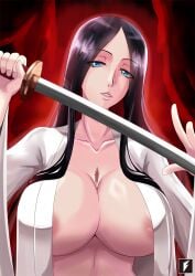 1girls big_breasts black_hair bleach blue_eyes blush breasts busty chest_scar cleavage female female_only hair_down holding_object holding_weapon katana kimono long_hair looking_at_viewer loose_hair mature mature_female milf open_clothes open_kimono robe solo solo_focus sword teng_zhai_zi unohana_retsu unsheathing upper_body