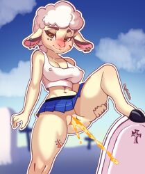 anthro blush bodily_fluids bovid breasts caprine clothed clothing ear_piercing facial_piercing female genital_fluids genitals hi_res looking_at_viewer mammal no_underwear peeing piercing pussy sheep sleepyyetawake solo spread_legs spreading urine watersports white_body yellow_body