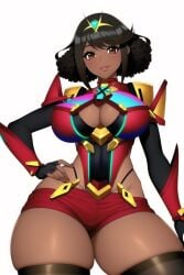 ai_generated alternate_skin_color armor black_hair black_skin blackened_pyra blackwashed cleavage core_crystal curly_hair dark-skinned_female dark_skin dreadlocks hand_on_hip hip_vent hotpants large_breasts nai_diffusion pyra race_swap robofun short_shorts shorts shoulder_armor skindentation stable_diffusion thick_thighs thighhighs xenoblade_(series) xenoblade_chronicles_2