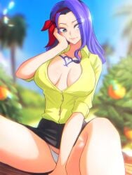 black_skirt breasts cleavage female female_only long_hair nojiko one_piece opalisart outdoors panties panties_exposed post-timeskip purple_hair solo solo_female yellow_shirt